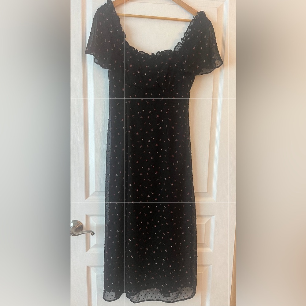 Lulu’s So Kiss Me Black Floral Print Swiss Dot Maxi Dress